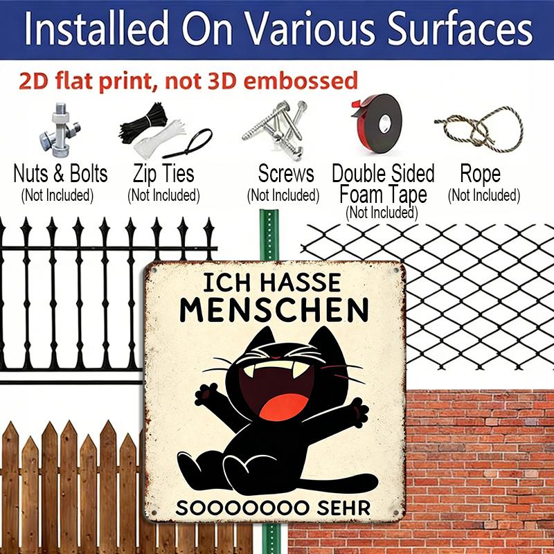 2D Flat, 1pc Vintage Aluminium Metal Sign, Outdoor Decorative Wall Sign, Retro Tin Sign Style, German Cat Humor Decor, "Ich Hasse Menschen", Home