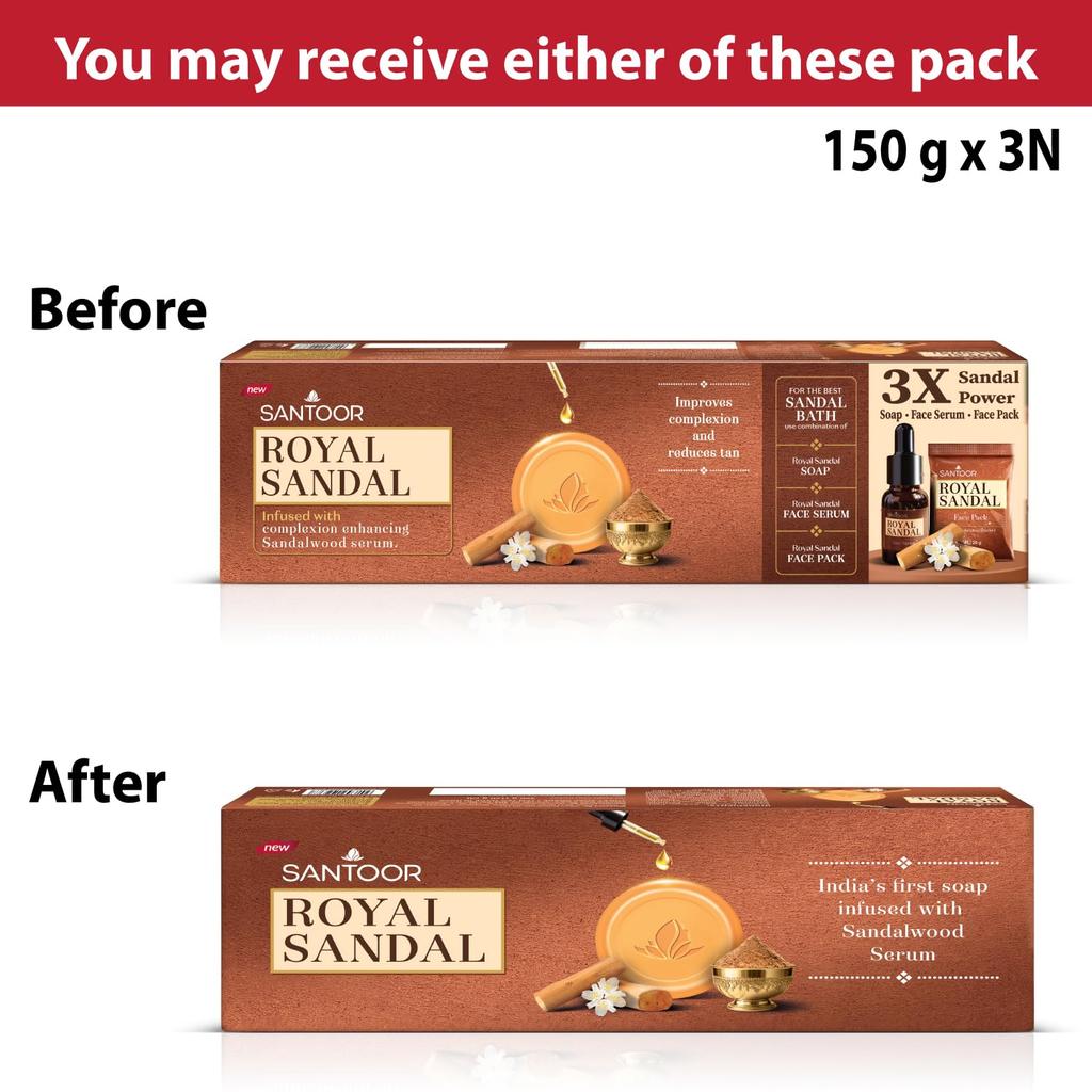 Santoor Royal Sandal Detan Soap Pack of 1 3N X 150g Natural Sandalwood Oil Skin Brightening Complexion Glowing Soap