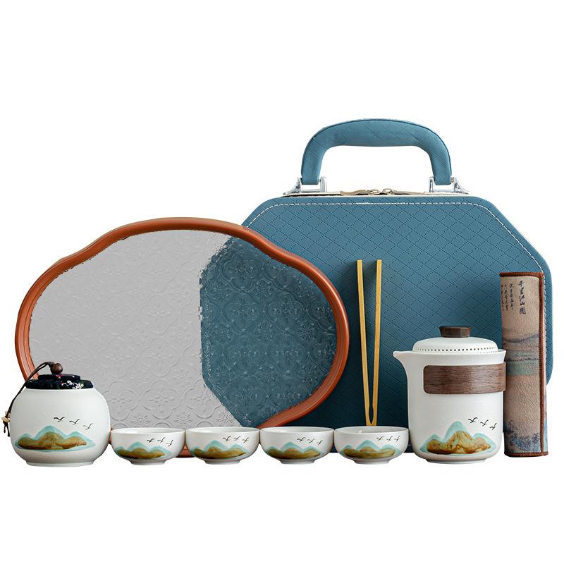 Guochao Qingshan Coarse Pottery Outdoor Camping Tea Set, Living Room Office Meeting Guests Tea Set, the Company Opened for Printing