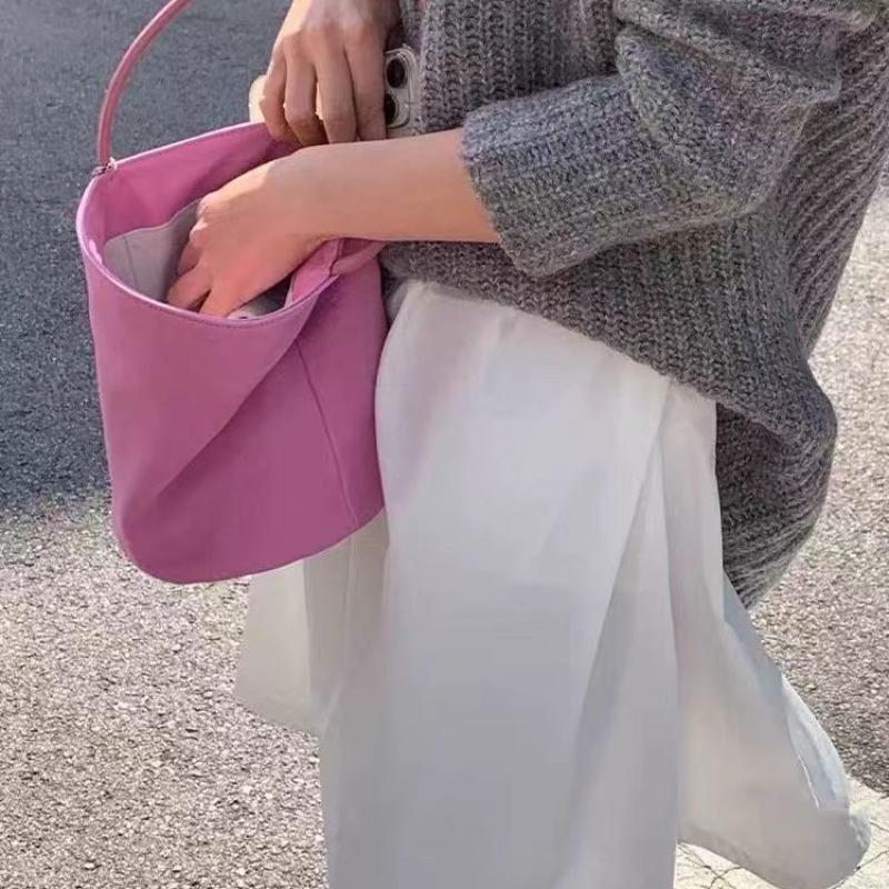 Pink PU Shoulder Bucket Bag Commuter Light Luxury Niche High-end Handbag Women's Summer