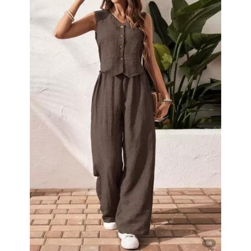 Summer Cotton Linen Women V-Neck Vest Front Button Vest Trousers Casual Suit Women Short Vest Top + Pants Two Peice Set