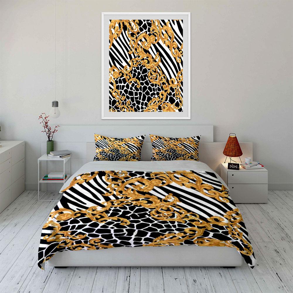 Golden Baroque And Animal Print Set - Elegant Home Decor Kid'S And Adults' Bedroom Decor, 3Pc Bedding Set Gift
