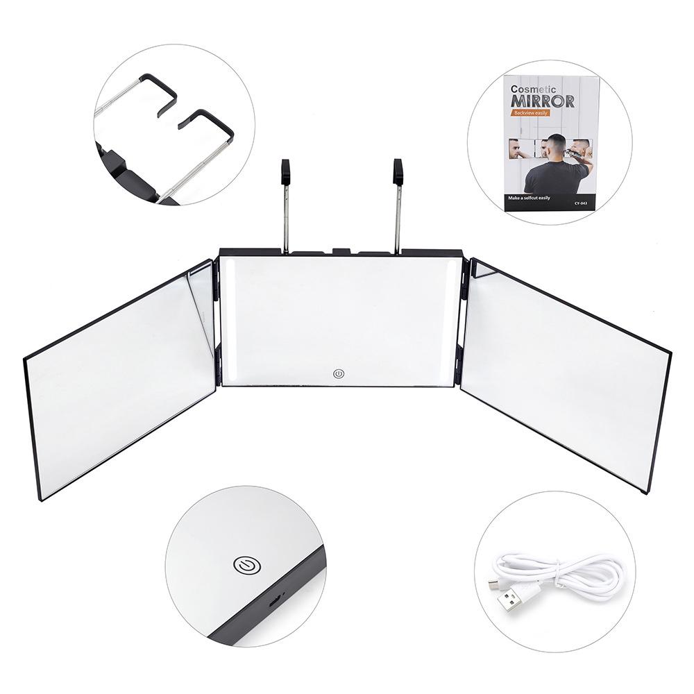 3 Way Mirror for Self Hair Cutting 360° Mirror with LED Lights, Trifold Self Haircut Mirror Rechargeable with Height Adjustable