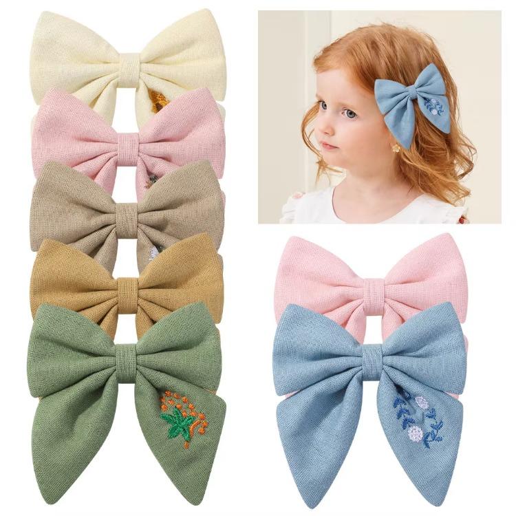 Flower Embroidery Bow Hair Clip Sweet Princess Girls Hair Clips Handmade Ribbon Bangs Hairpin Cute Bowknot Barrettes Headwear