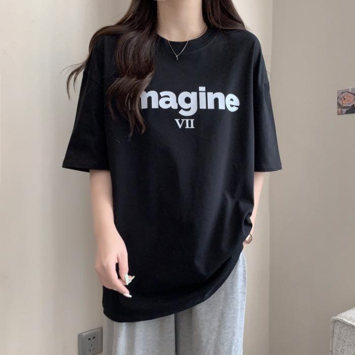 

Short-sleeved t-shirt women s summer 2025 new cotton loose crew neck top large size commuter letter print ns tide 3XL