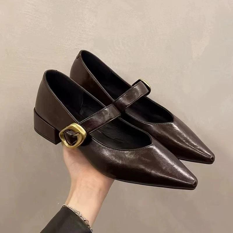 Fashion Elegant thick heeled pointed single shoes for summer breathable shallow mouth comfortable commuting small leather shoes
