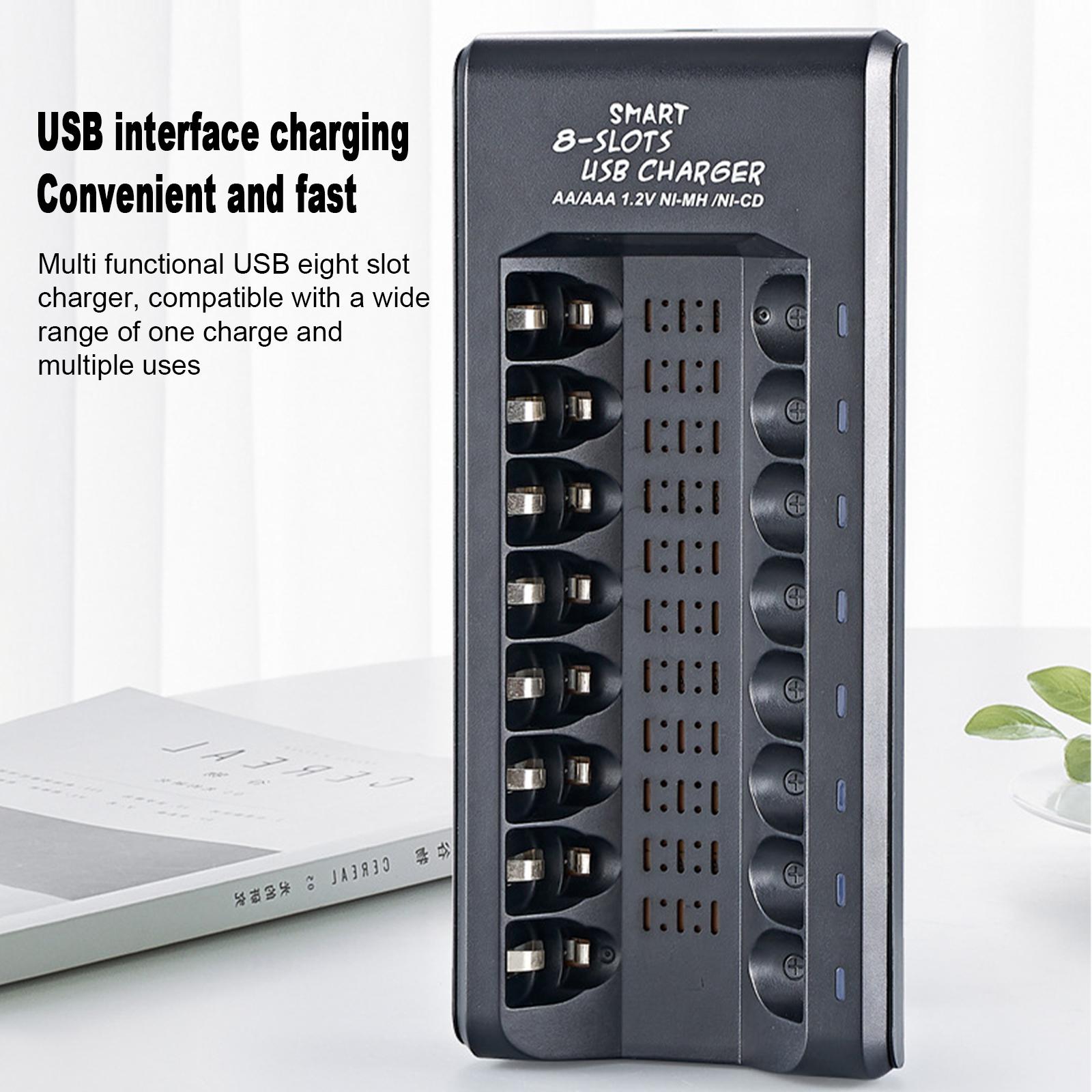 

8-Slot Smart Battery Charger For 1.2V Ni-MH AA/AAA Rechargeable Batteries USB Plug And Play Battery Charging Dock black