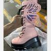 Fashion 2025 New Womens Punk Style Personalized Butterfly Slope Heel Platform Lady High Boots Motorcycle Rider Boots Stage Cosplay Shoes