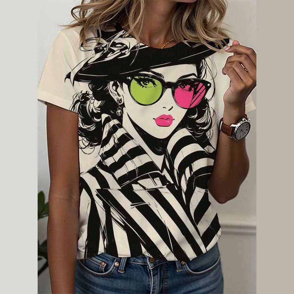 Geometric face pop art T-shirt ethnic 3d printing women's street O-neck T-shirt Harajuku Y2k top oversized