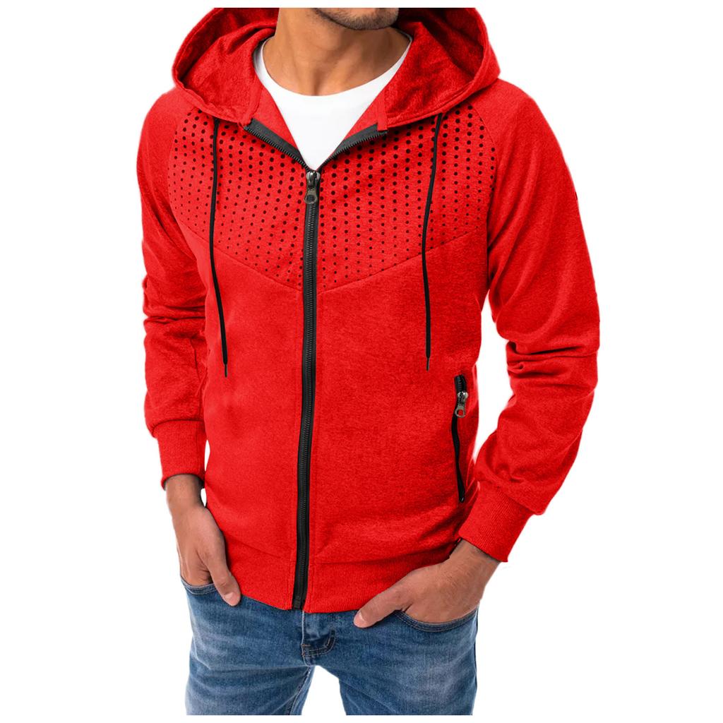 Autumn Winter Men Long Sleeve Sweatshirt Polka Dot Print Hooded Zip Up Pocket Casual Hoodie Men's Sports Coats
