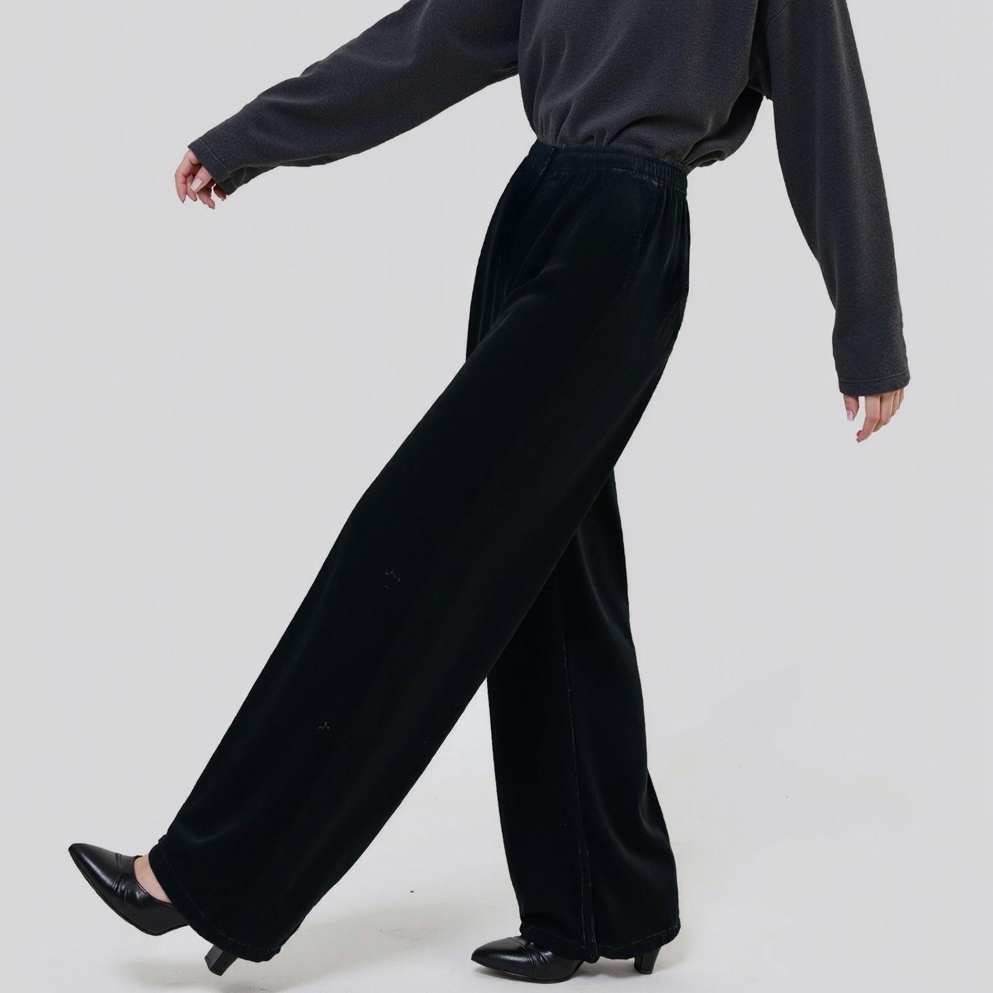 Women s New Black Velvet Wide-Leg Mulberry Silk Pants - Spring Loose Straight-Leg Casual Style Medium чёрный