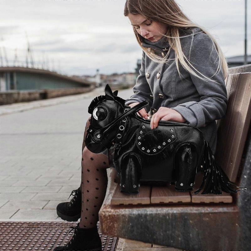 Women's Horse Shape Crossbody Bag with Adjustable Strap Cartoon Animal Shoulder Bag PU Leather Fashionable Rivet Clutch  Burgundy