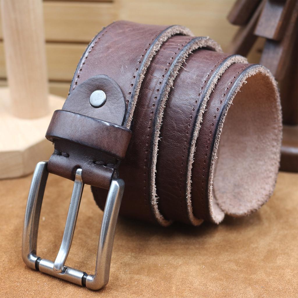 Thickened Genuine Leather Needle Buckle Top Layer Cowhide Fake Stitching Color Belt, Men's Retro Versatile Denim Belt