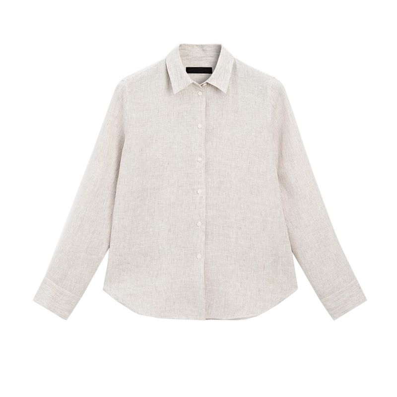 

MD Spring/Summer New Arrival Women s Clothing French Laziness Commute Style Lapel Long Sleeves Pinstripe Elegant Shirt 5140515 Brown L