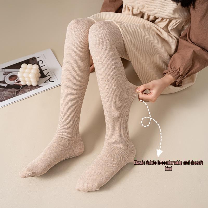 Girls' Combed Cotton Base Layer Tights with Vertical Stripes - Medium/Large, Buttock-Lifting, Anti-Slip, Anti-Pilling for Spring/Autumn