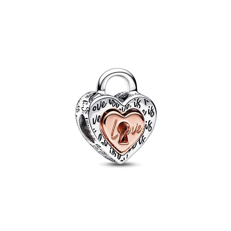 Pandora Two-Tone Heart Lock Charm Women Charm Silver 782505C00 Silver,F