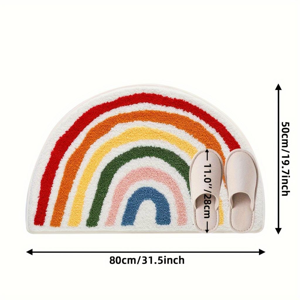 Fluffy Rainbow Bath Rug, Semicircular Polyester Knit Fabric Bath Mat, Absorbent Bathroom Carpet, Fluffy Plush Winter Decor Decoration