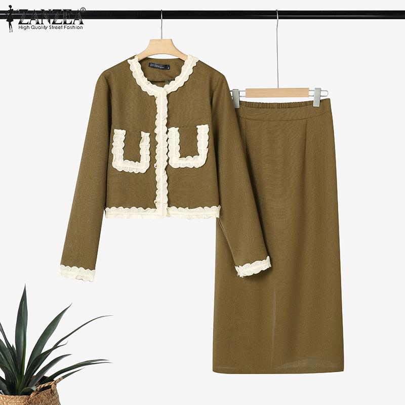 ZANZEA Two Pieces Women Patchwork Long Sleeve Texture Tops and Skirt Sets