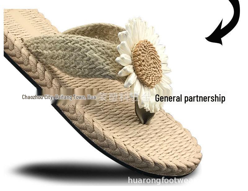 Daisy Women's Herringbone Hemp Rope Flip-Flops: Summer Straw Woven Low Heel Slip-On Sandals