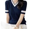Damen Koreanischer Stil Schlankmachend Vielseitig Mode Gestricktes Oberteil Locker Farbblock V-Ausschnitt Einfarbig Kurzarm T-Shirt