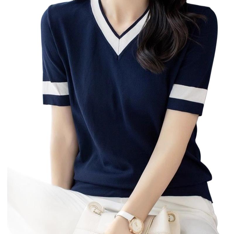 Damen Koreanischer Stil Schlankmachend Vielseitig Mode Gestricktes Oberteil Locker Farbblock V-Ausschnitt Einfarbig Kurzarm T-Shirt