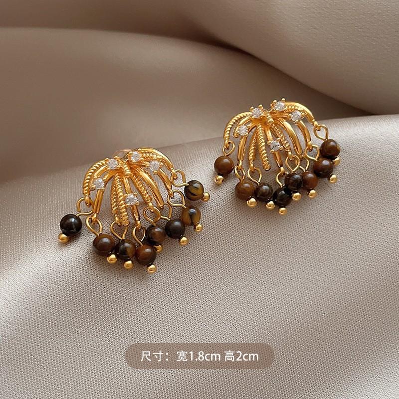 18k real gold electroplated tiger's eye stone geometric stud earrings Maillard temperament earrings earrings women