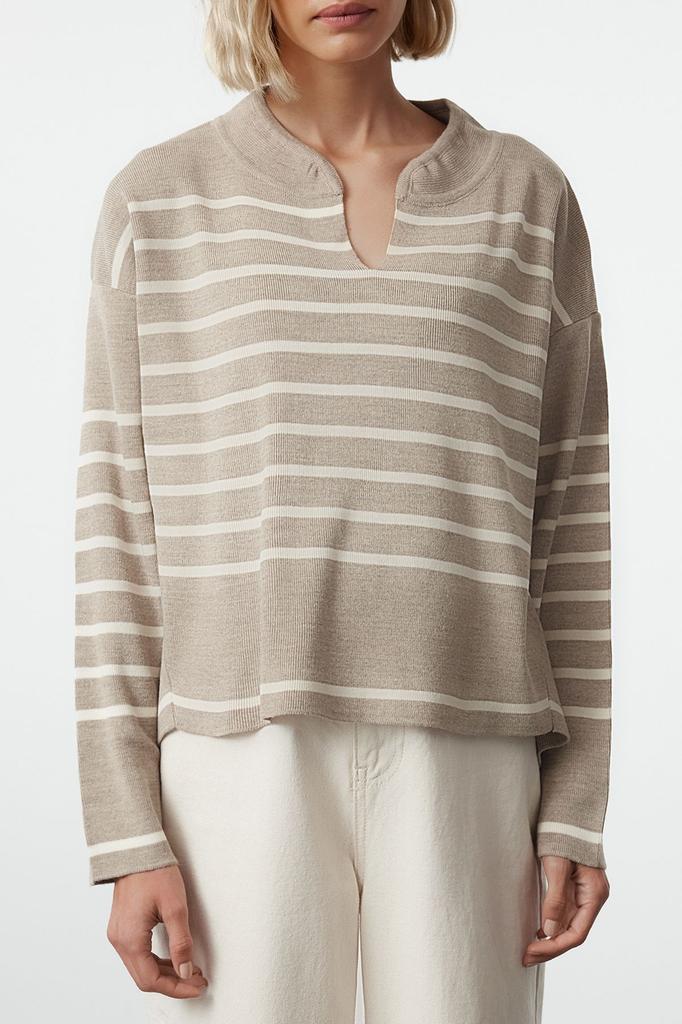 Women's Fashionable Stylish Sweater Navy Blue Wide Fit Collar Detailed Striped Knitwear Sweater