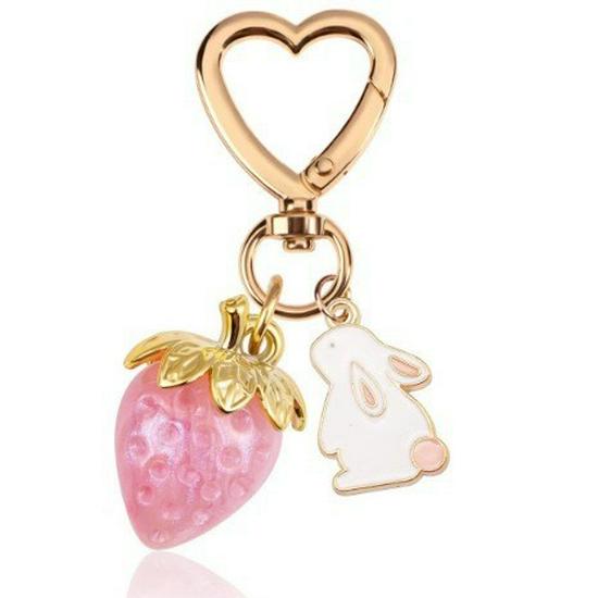 Peach Heart Strawberry Flower Keychain - Heart-Shaped Bag or Car Pendant