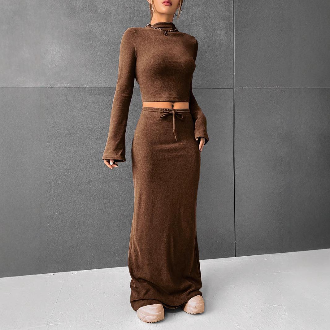 

Повседневный женский комплект из двух юбок, футболка с длинным рукавом и резинкой на талии, длинная юбка, уличный наряд на осень 2XL темно-коричневого