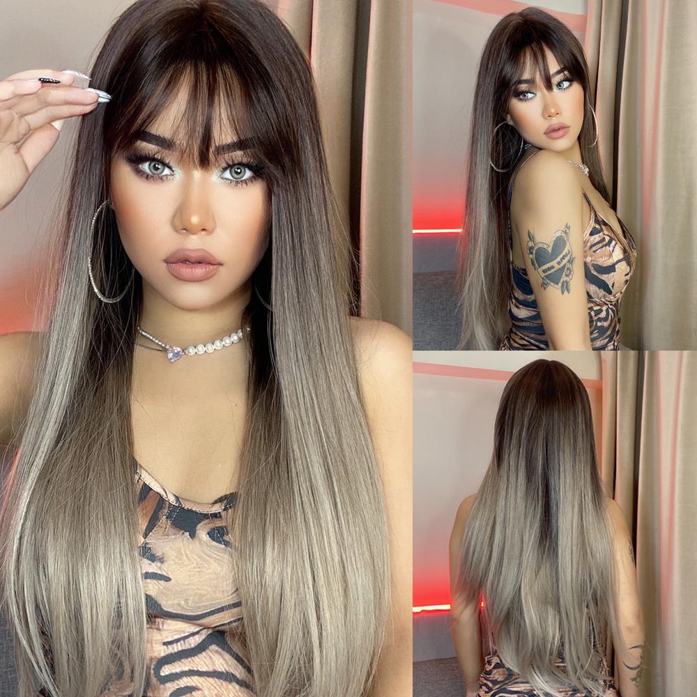 ALAN EATON Blonde Brown Ombre Synthetic Wigs Long Straight Layered Wig for Women Cosplay Party Natural Hair Wig Heat Resistant Coupon & Discount