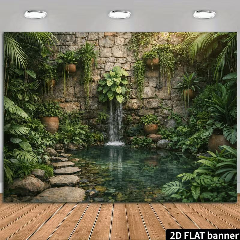 2D Tropical Courtyard Waterfall Backdrop for Nature, Outdoor & Greenery Photography