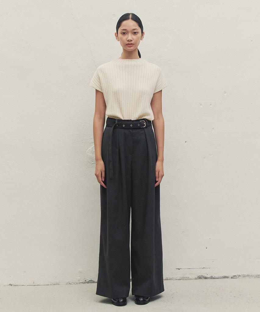 MAKE A TOAST Reverse Elastic Waist Belted Wide Pants Dark Gray Mbdfpa001Dg