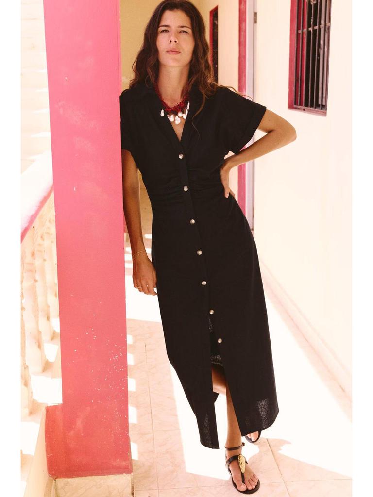 Women's Summer 2025 Linen Blend Slim Fit V-Neck Midi Dress