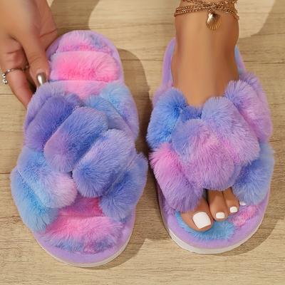 Crisscross Fluffy Home Warm Slippers, Soft Sole Open Toe Plush Lined Cozy Shoes, Non-slip Floor Mute Slippers, Winter & Autumn