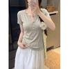 Light Blue Ice-feeling Thin Knitted Henry Half-open Button Short-sleeved Women's Summer Fresh White Gentle Wind Knitted T-shirt Top