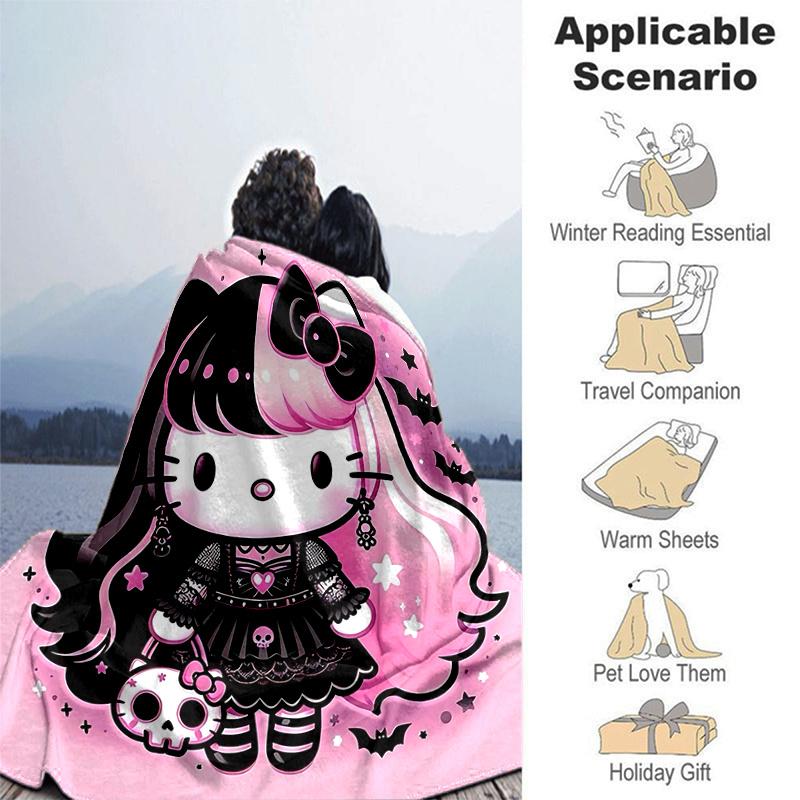 1pc Hello Kitty Gothic Halloween Blanket, Home Decorative Throw Blanket, All Seasons Use, Living Room, Travel, Camping, Car Blankets, Beach, Office Na