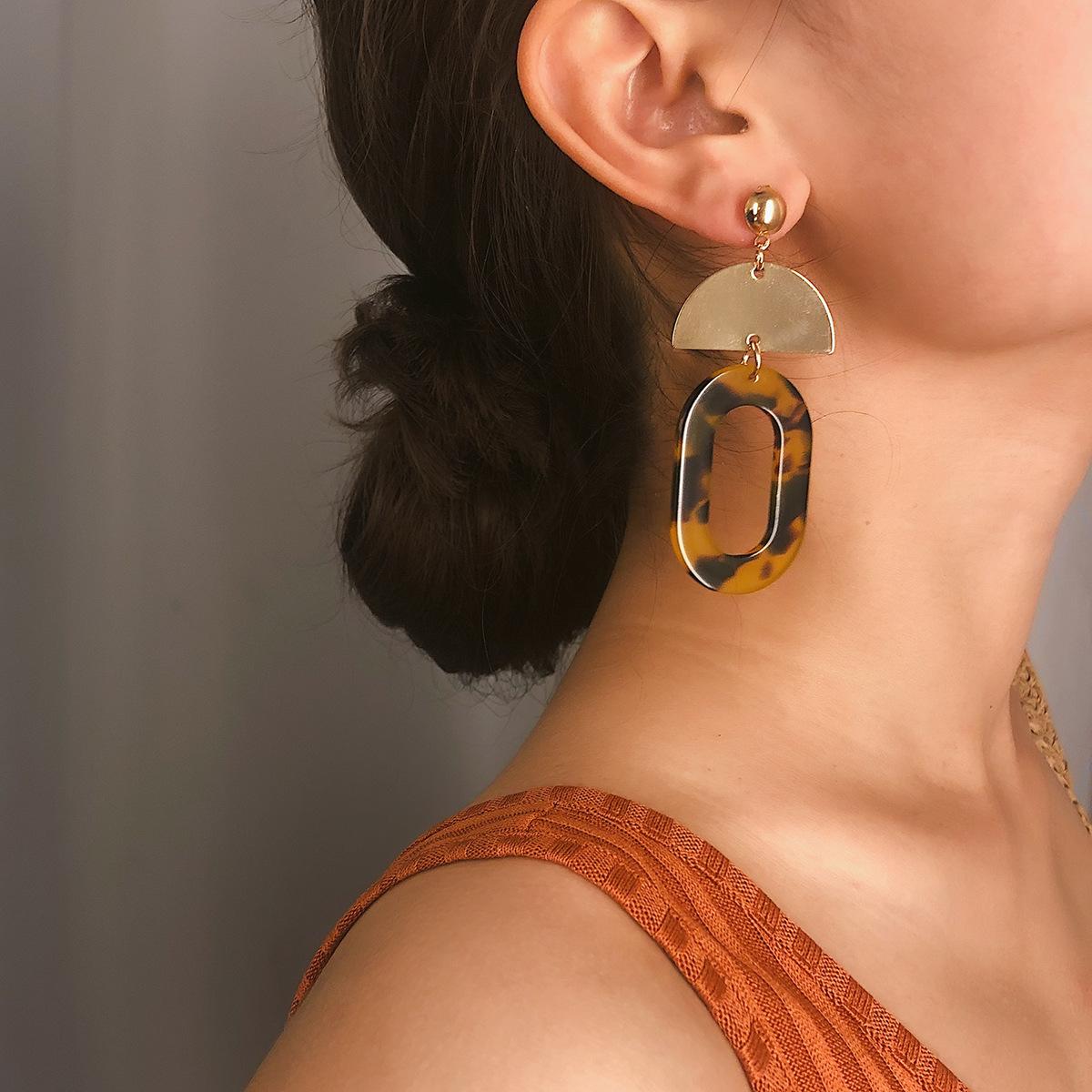 Retro Simple Acetic Acid Leopard Print Earrings Women, Temperament Versatile Geometric Oval Splicing Earrings Stud Earrings