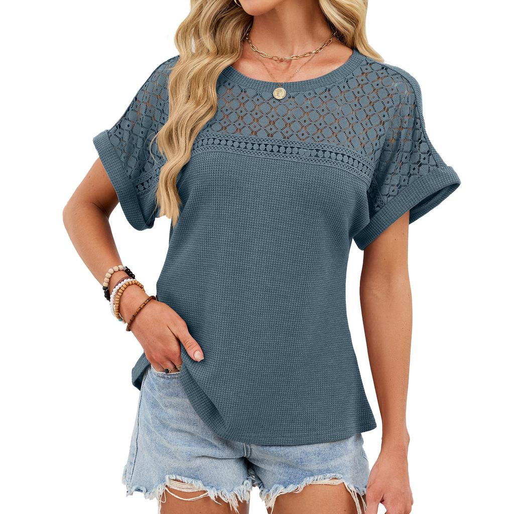 Summer New Style Round Neck Lace Loose Short Sleeve T-Shirt Tops for Women