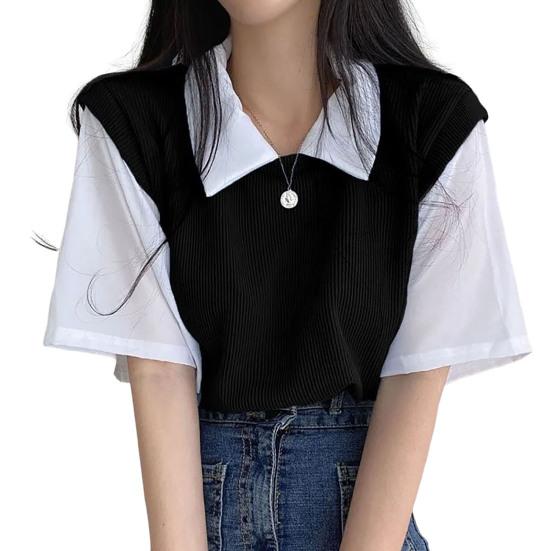 Lapel Short Sleeve Loose Fit Women Blouse Preppy Style Fake Two Pieces Tee Top Streetwear