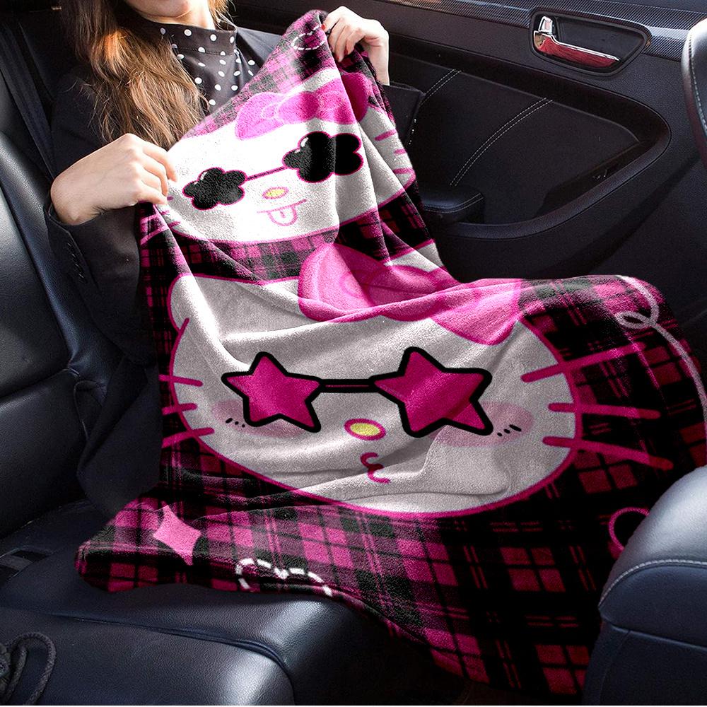 1pc Kitty, Pink, PlaidDigital Print Fleece Blanket - Contemporary Style, Suitable for All Seasons, Perfect for Home, Travel, or Camping - Ma