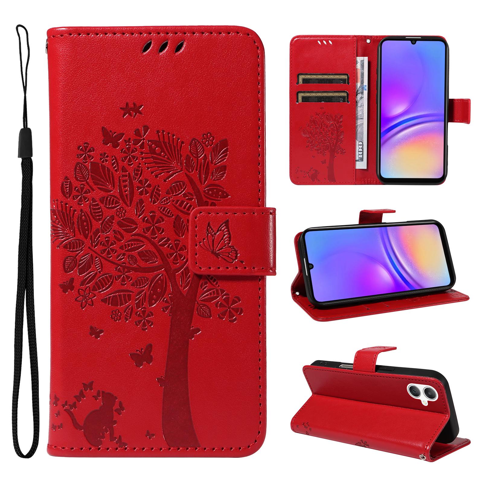 

For Samsung Galaxy A06 5G/Galaxy A06 4G Phone Case with Stand Cat Tree Pattern Leather Wallet Mobile Cover Red