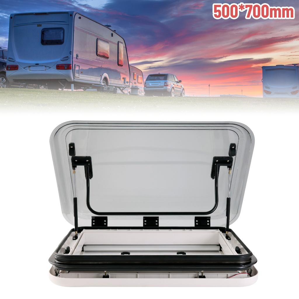 700x500mm RV Roof Vent With LED Light, 70° Opening, White - Skylight Parts with Insect Screen & Sunshade for Campers & Trailers
