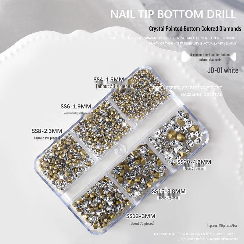 Nail Art Jewelry: Gold Base, White & AB Diamond, Pointed Bottom, 6-Compartment Box, Mixed Sizes