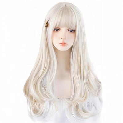 Perruque RyuuCos Lolita longue et bouclée avec frange blanche lisse et accents blancs et dorés, idéale pour l'école et les occasions culturelles, couleur or.