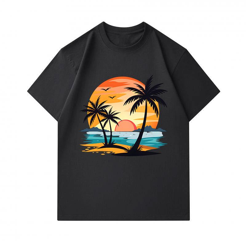 Men's 100% Cotton Crew Neck Short Sleeve T-Shirt, Retro Palm Tree Sunset Beach Print Casual Summer Comfortable Breathable Tee for Daily Tropical Vacat