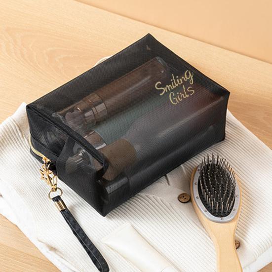Mesh Cosmetic Bag Visible High Capacity Portable Double Zippers with Handle Storage Multifunctional Travel Mesh Makeup Bag Trip Accessory