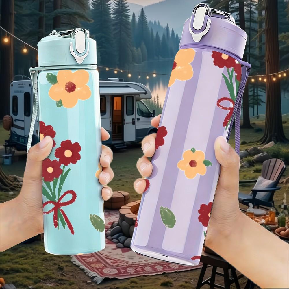 1PC Red Bouquet Flower Bow Decoration 750ml Color Plastic Sports Water Bottle Leakproof Flip Straw Lid Suitable for Sports Office Home Use