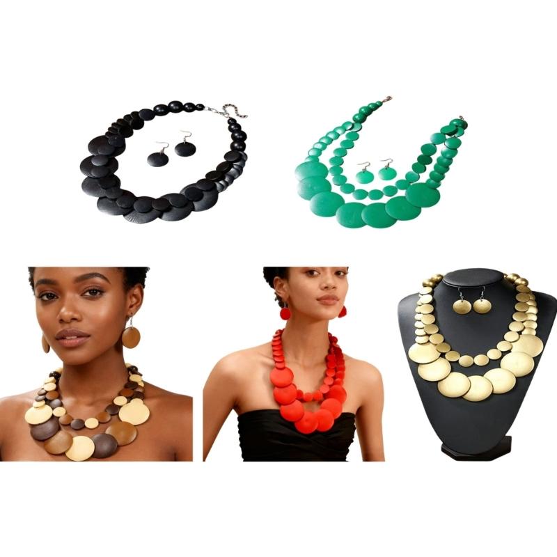 Round Disc Statement Necklace with Earrings Double-layer Design, Wood-Look Finish Fashion Jewelry Set for Party Styling