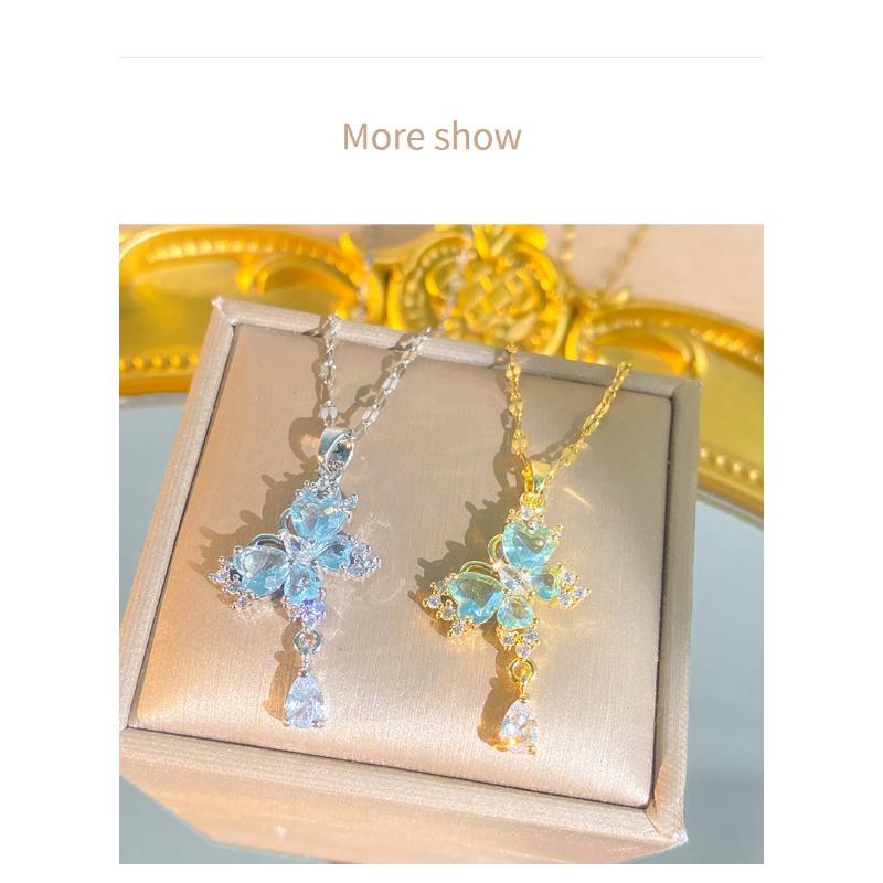 Women S Butterfly Tassel Titanium Steel Necklace Zircon Inlaid Clavicle Chain
