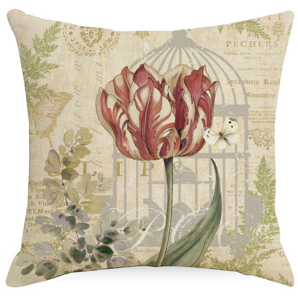 European and American Retro American Flower Linen Printed Pillowcase Home Sofa Pillow Waist Back Cushion Cover